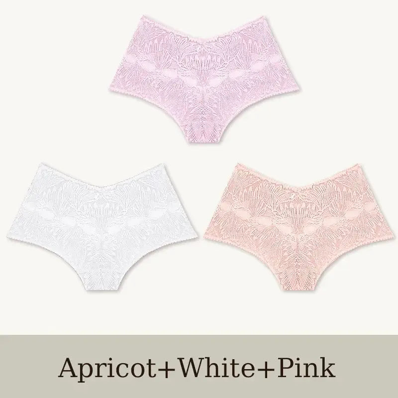 3Pcs women's seamless lace briefs in apricot, white, and pink; low-waist breathable underwear set.