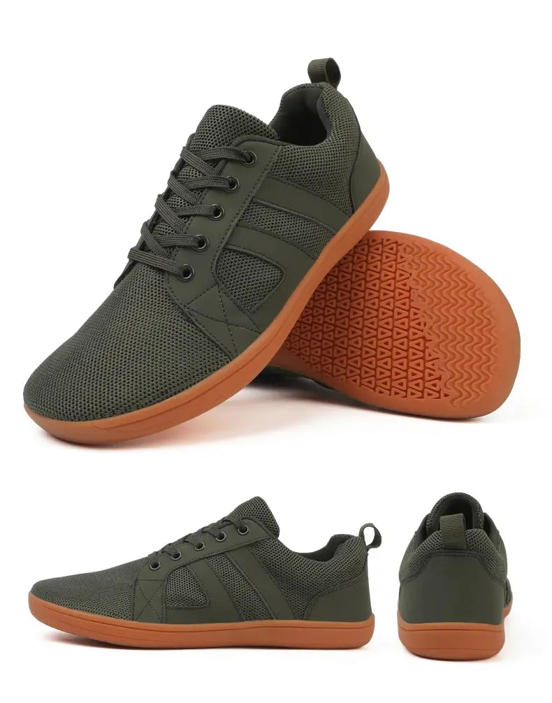 Wide-toed casual sneakers with olive-green mesh upper, lace-up and orange sole.