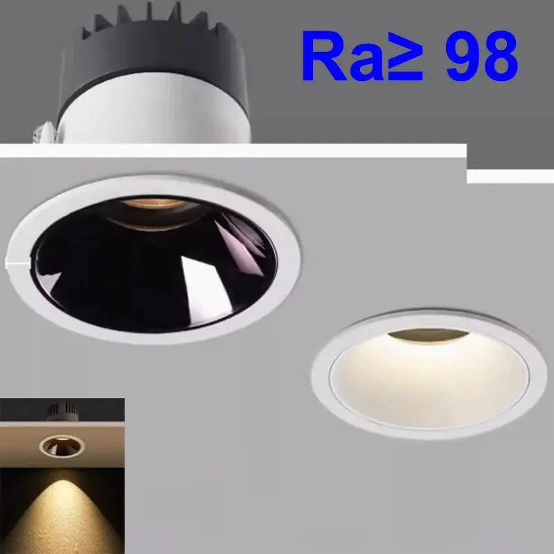 Two white recessed LED downlights with COB reflectors, dimmable 12–24W