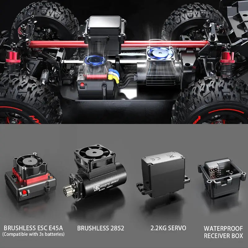 1/14 scale RC car chassis with brushless drive and 4WD; ESC E45A, 2852 motor, 2.2kg servo, waterproof receiver box.