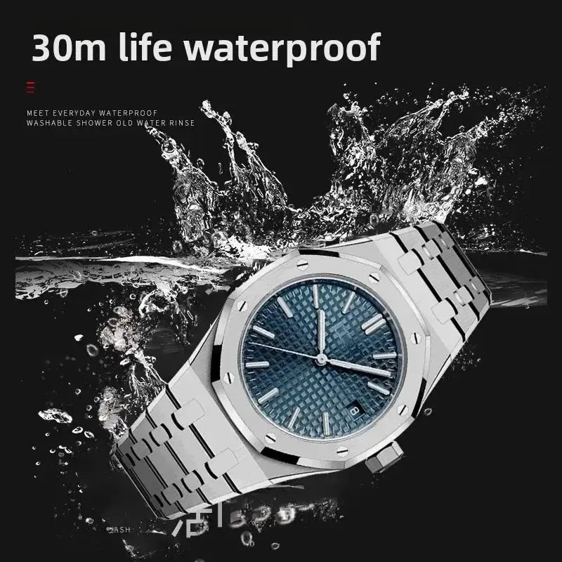Men's watch by Simples Market; stainless steel case and bracelet with blue textured dial