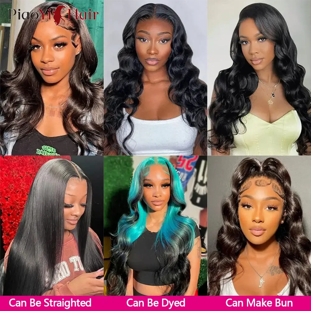 Body wave lace wigs collage: 6 Brazilian hair wigs with HD/transparent lace fronts and closures; Piqoyi Hair logo