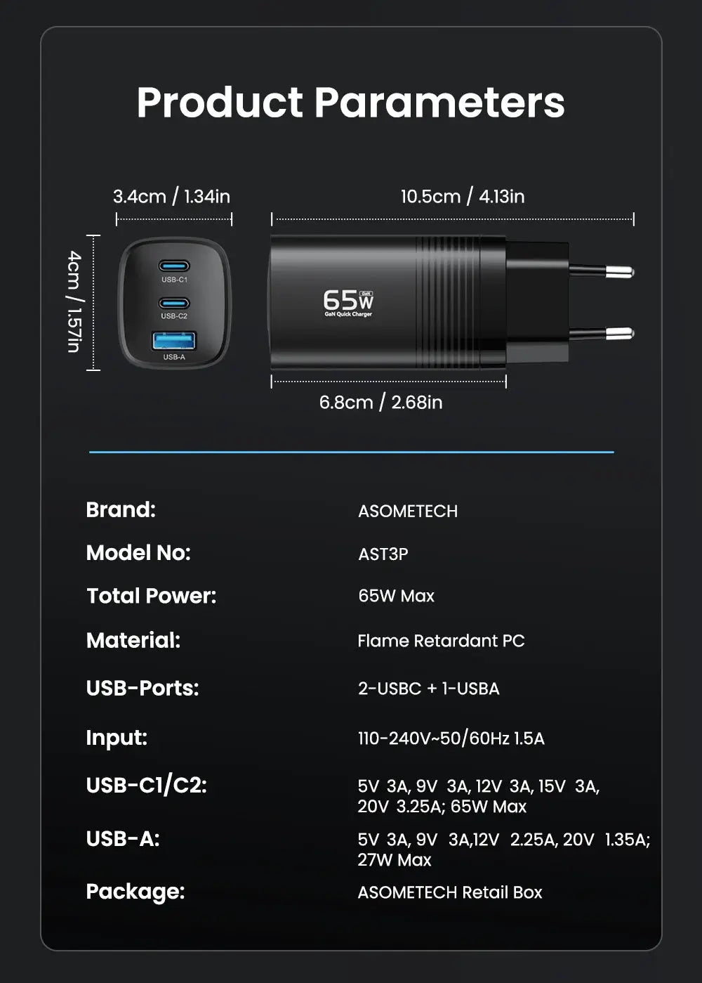 ASOMETECH GaN 65W USB-C charger, black, with 2 USB-C ports and 1 USB-A port