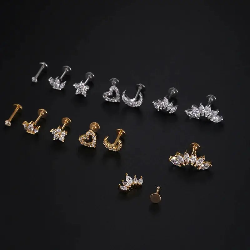 Heart Flower Crown cartilage earrings set in silver and gold tones with CZ stones; Simples Market