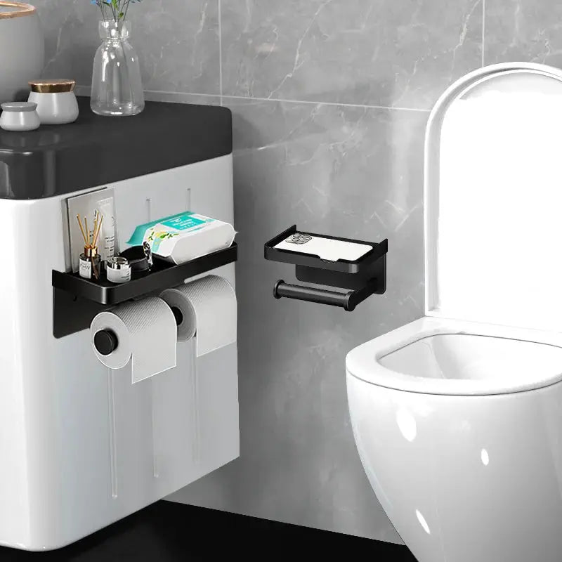 Aluminum alloy wall-mounted toilet paper holder with shelf and phone stand, black