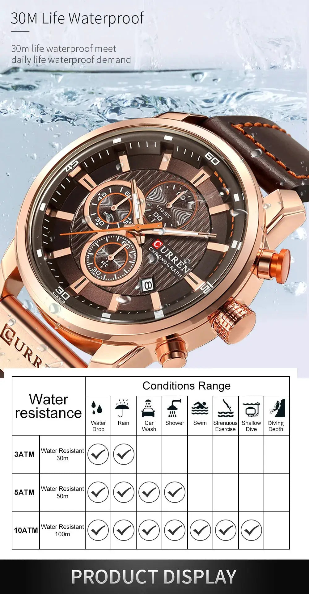 CURREN 8291 men's quartz chronograph watch with black dial, rose-gold case and brown leather strap