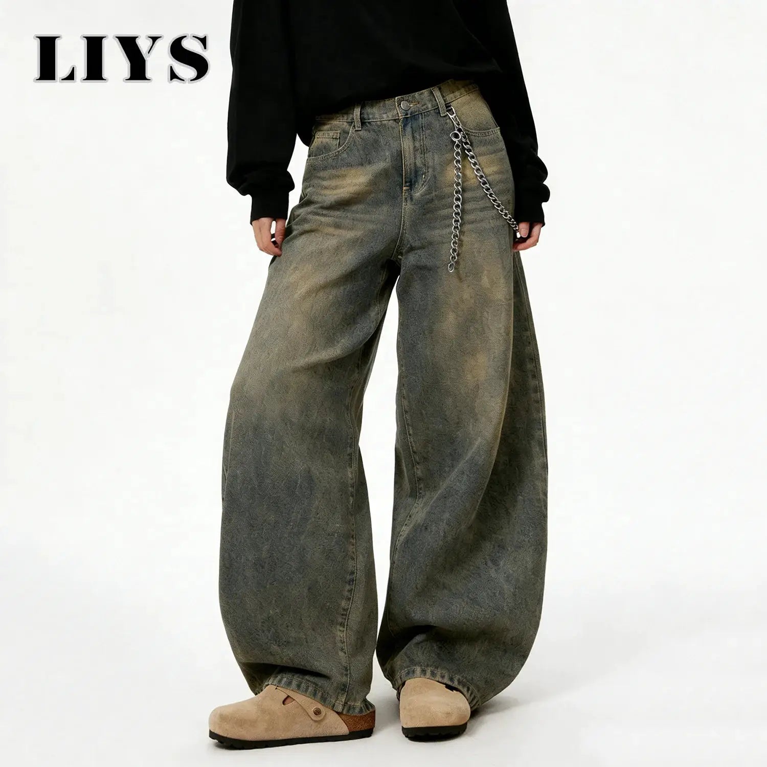 LIYS American Retro baggy wide-leg distressed denim jeans with chain accessory