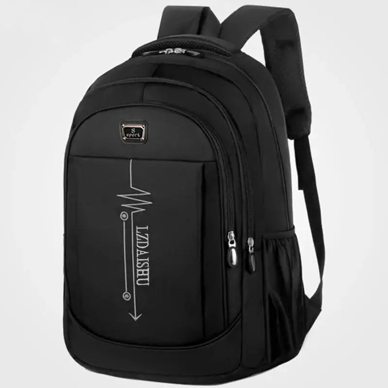 Backpack by Simples Market, black business casual laptop bag with multiple zip pockets and side mesh pocket