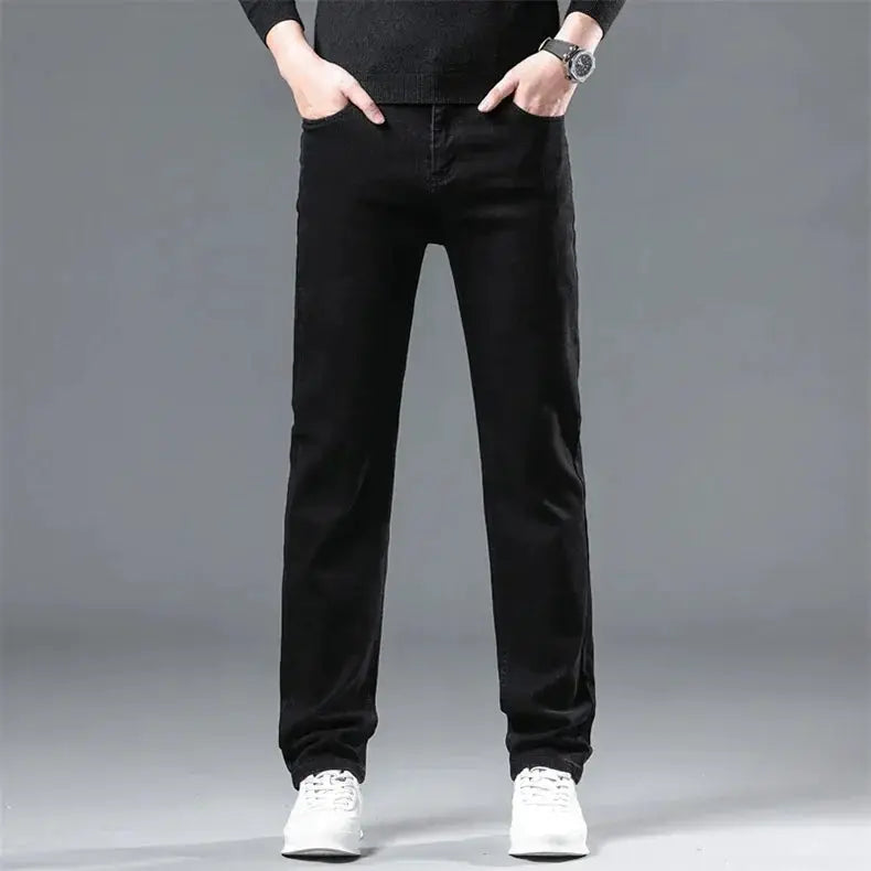 Men's black straight-leg denim pants with fleece lining for winter warmth, Simples Market