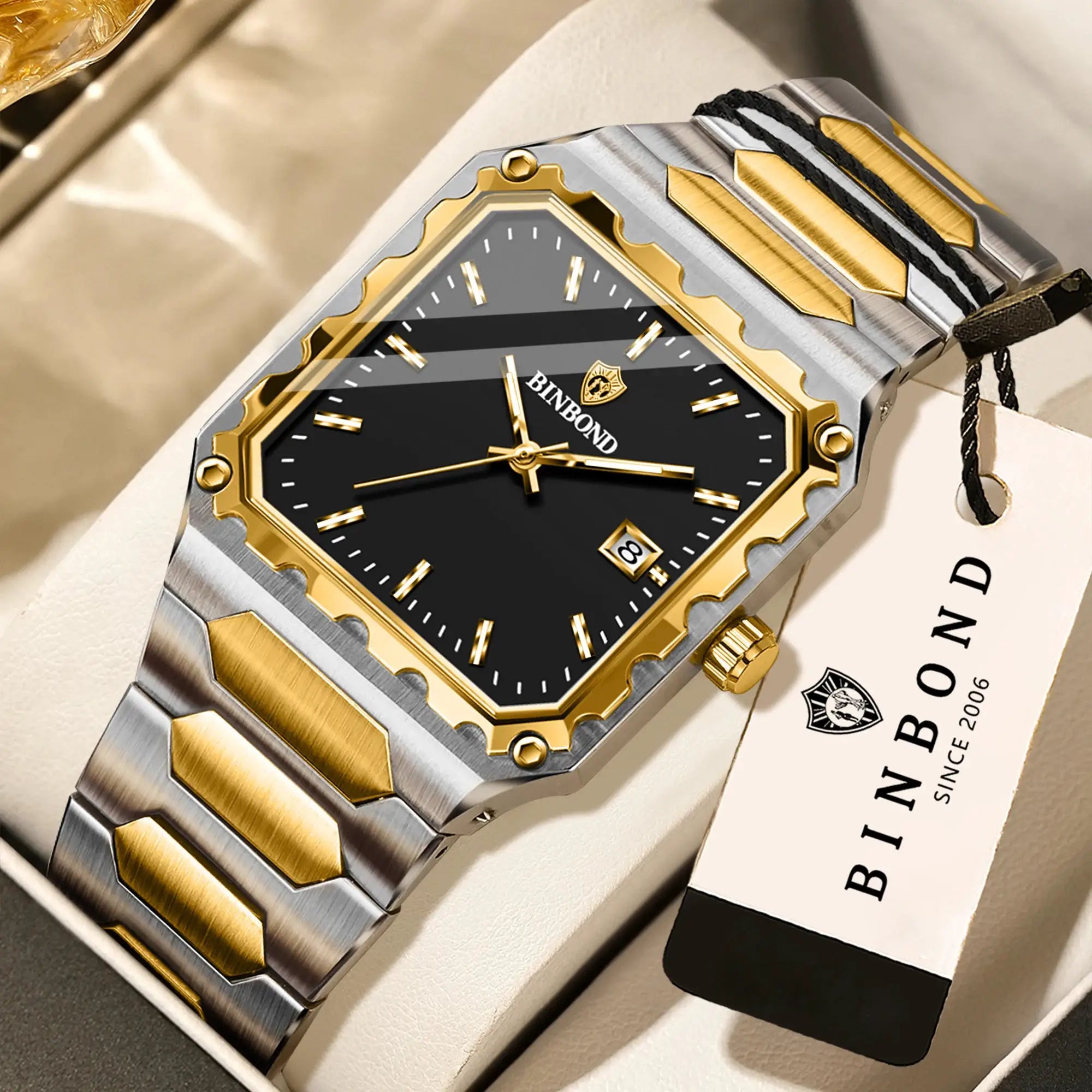 Men's BINBOND luxury quartz wristwatch; two-tone gold-silver bracelet, black dial with gold indices.