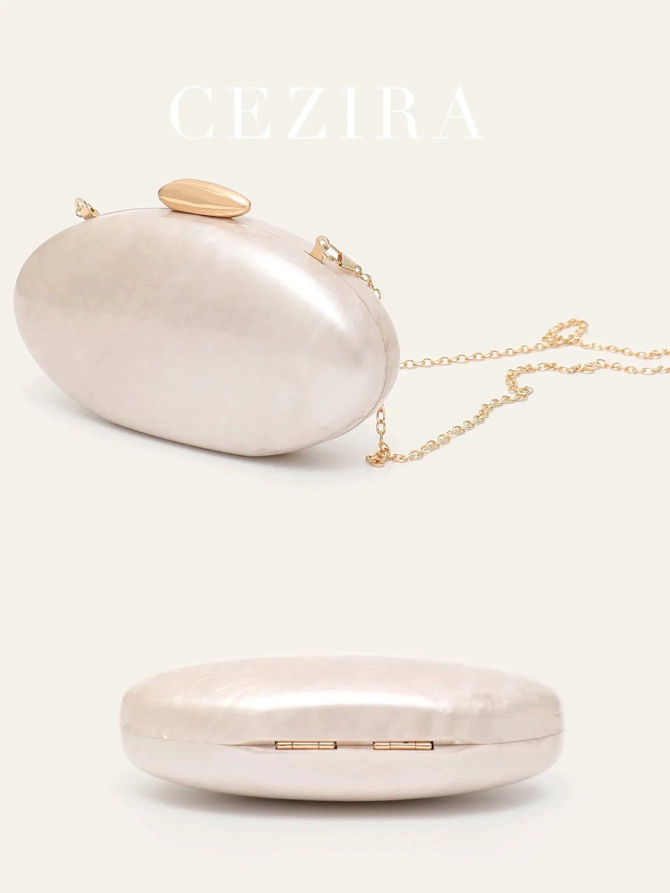 Women's oval acrylic evening clutch with gold chain in pink pearl finish; two clutches shown