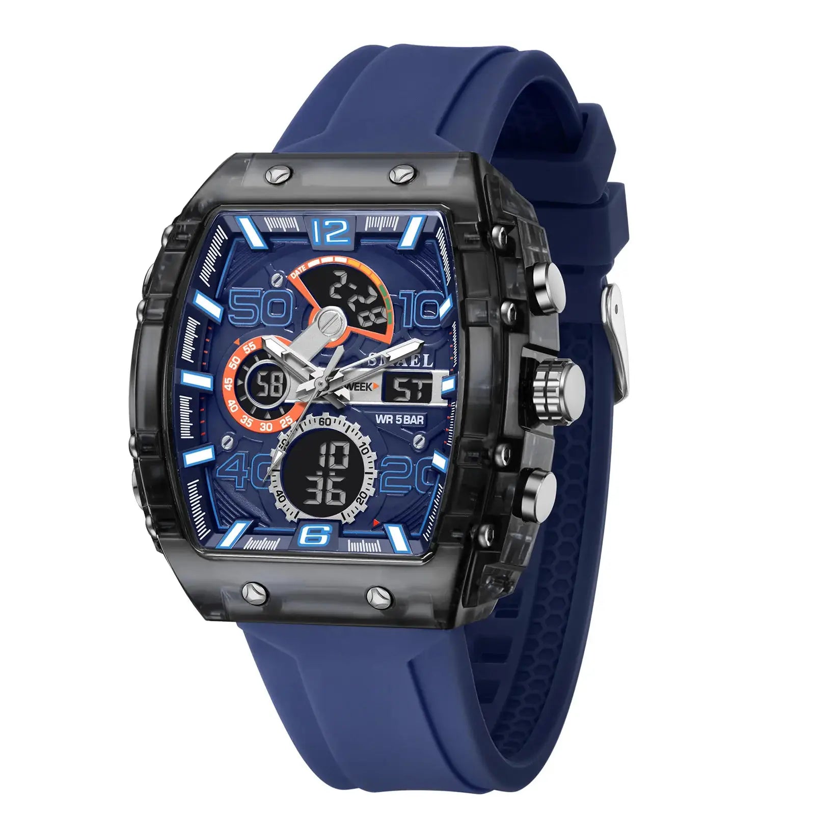 SMAEL 8109 men's square dual-display sport watch with blue silicone strap and blue dial