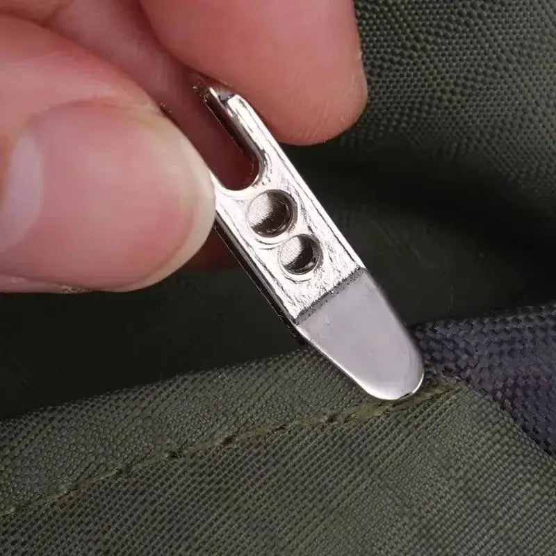 EDC pocket suspension clip with key carabiner, chrome metal clip on green fabric bag