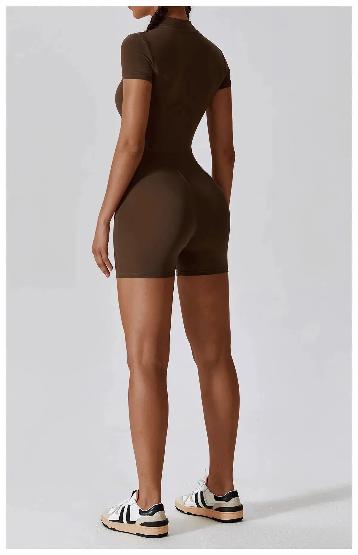 Women's brown zipper short-sleeve yoga jumpsuit by Simples Market, quick-dry breathable fitness onesie