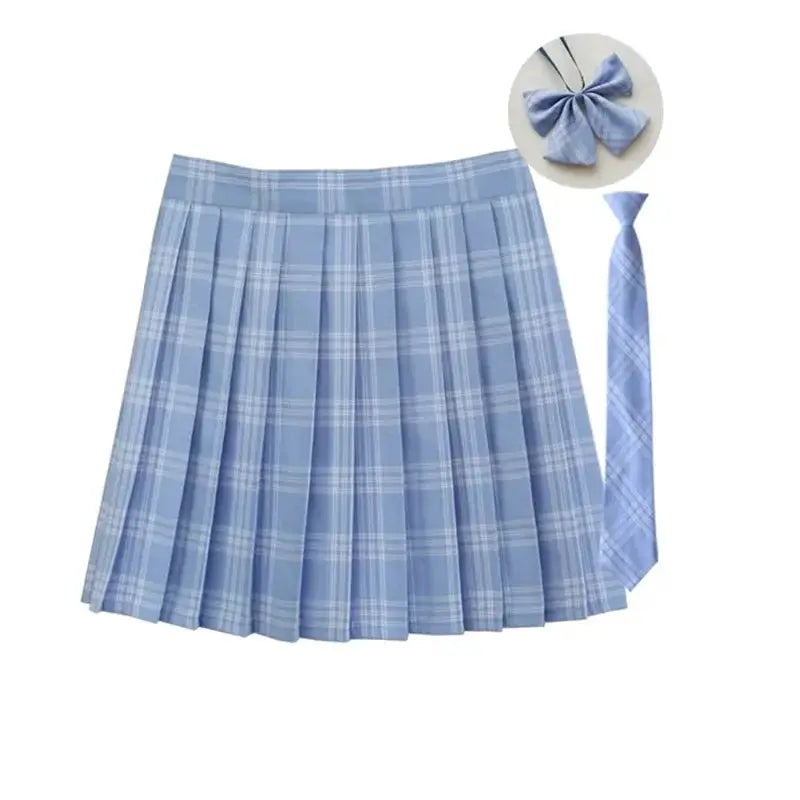 Women's blue plaid pleated mini skirt with matching necktie and bowtie, JK school uniform style