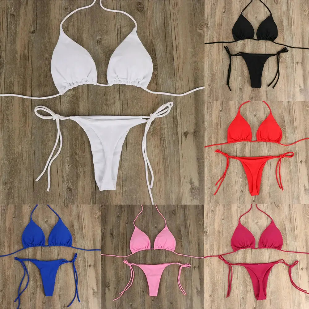 Women's tie-side thong bikini set in assorted colors: white, black, red, blue, pink, magenta