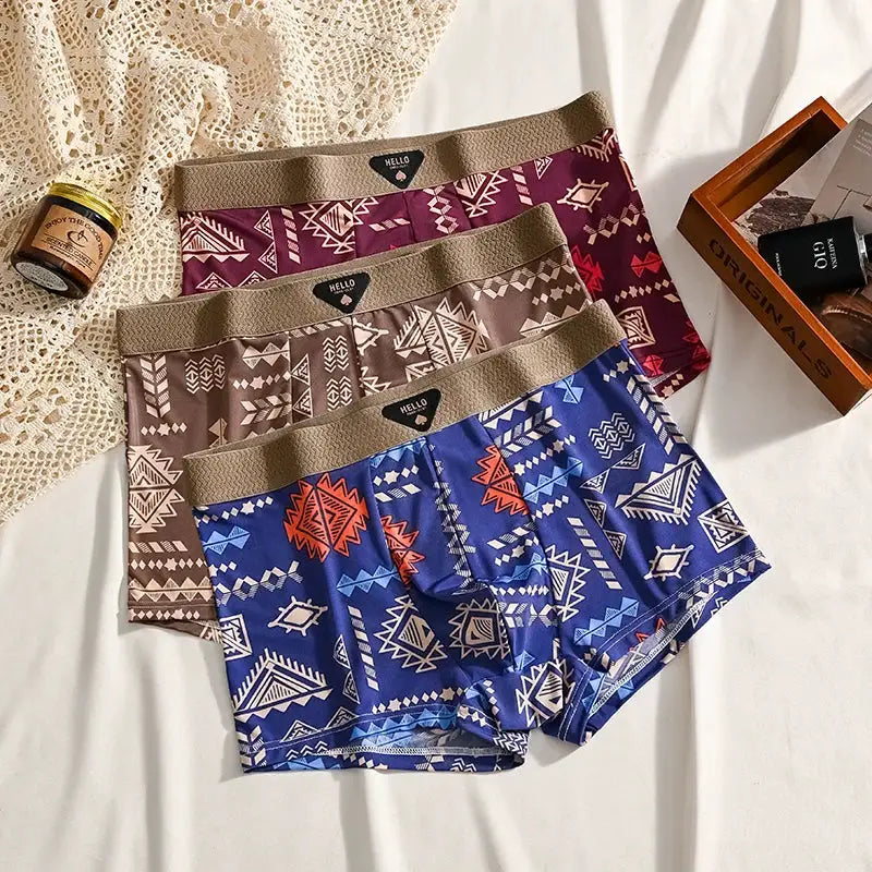 3-pack men's boxer shorts set in blue, brown, and maroon tribal prints with elastic beige waistband (ice silk)