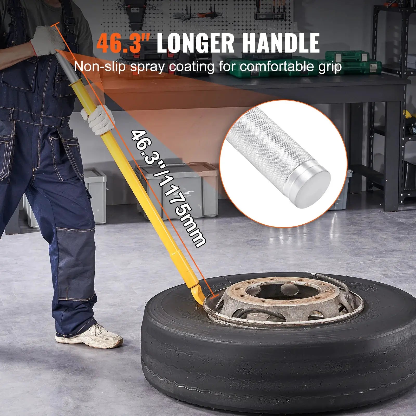 Tire bead breaker slide hammer with yellow long handle, heavy-duty steel tool for car, truck and trailer tire removal