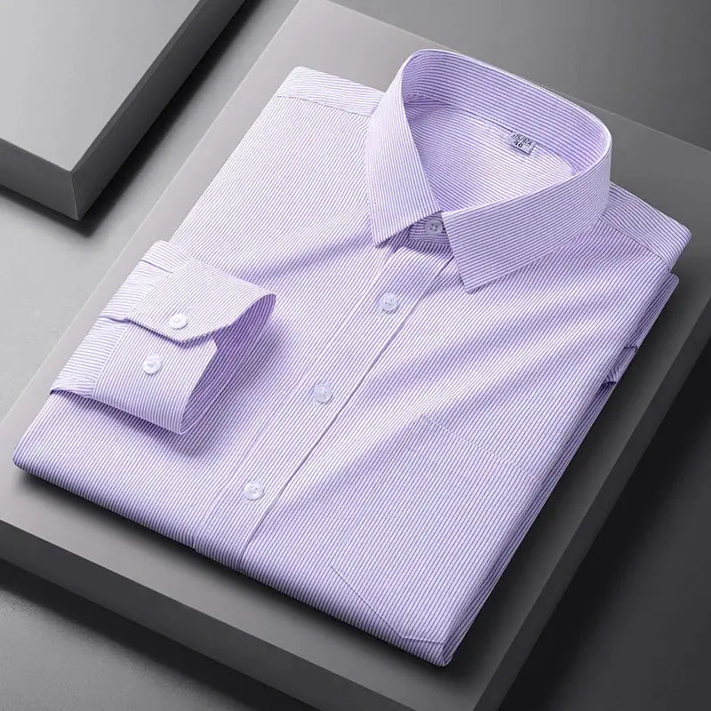 Men's formal lavender striped shirt, long sleeve with chest pocket.