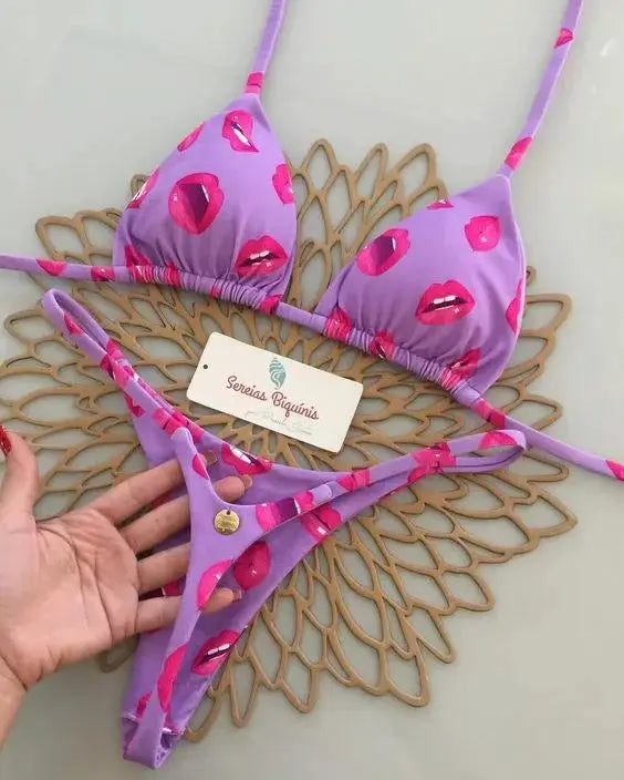 Bikini set purple lips-print halter top with thong bottom and strappy sides