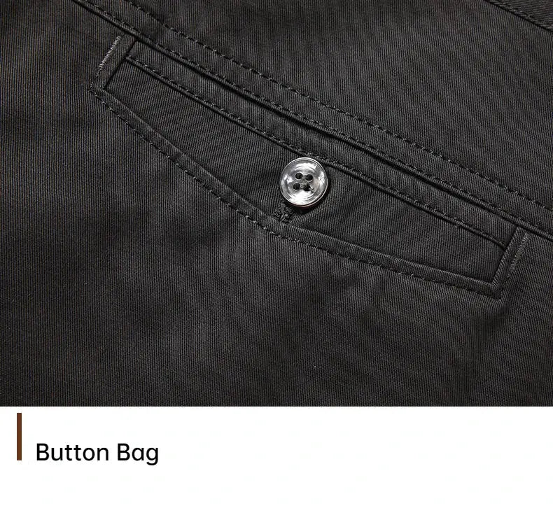 Men's black cotton dress pants with buttoned back pocket