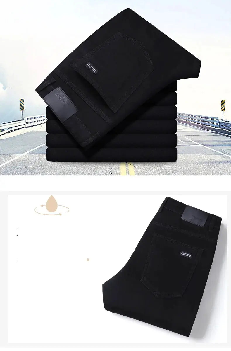 Men's black Simples Market stretch denim jeans, slim straight fit, back pocket.