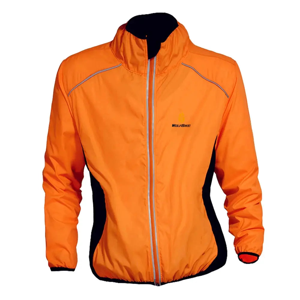 Cycling jacket Wolfbike orange windproof water-repellent with reflective trim and long sleeves