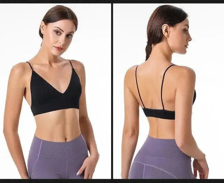 V-neck seamless triangle-cup bra camisole by Simples Market in black; front and back views with adjustable straps