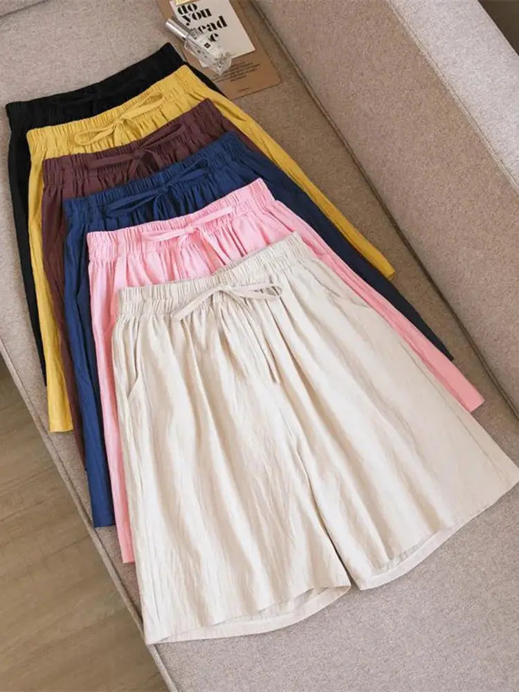 Women's cotton shorts, seven colorways, high-waisted with drawstring and two pockets