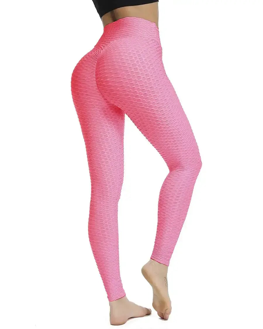 Push Up Leggings by Simples Market in pink honeycomb-textured fabric, high-waist scrunch butt lifting gym tights.