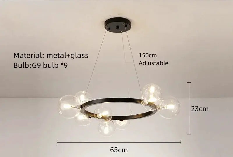 Simples Market Simple Ring Chandelier with 9 G9 bulbs, metal+glass, 65cm wide x 23cm high, 150cm adjustable cord