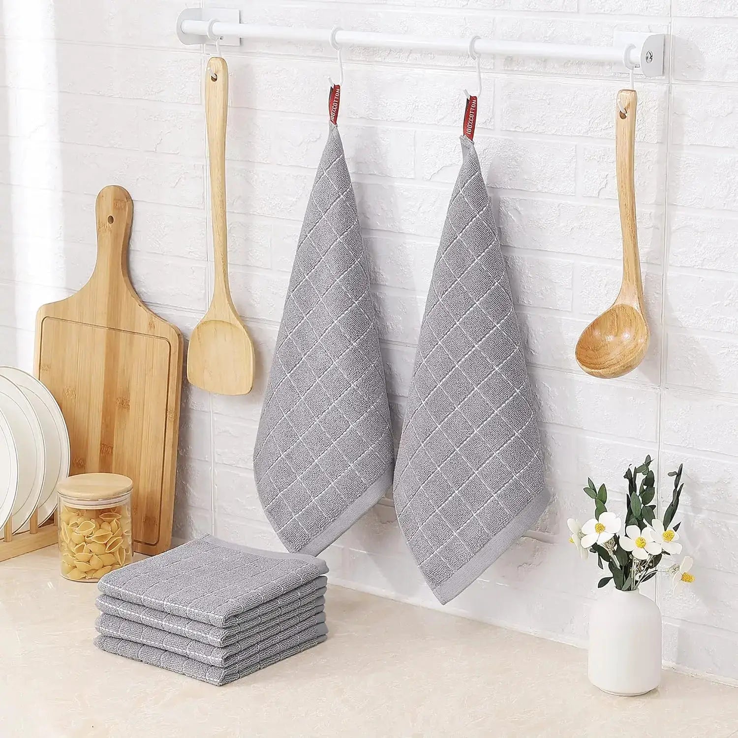 Six-pack gray cotton terry dish cloths, 12x12 inches, hanging from a kitchen rail