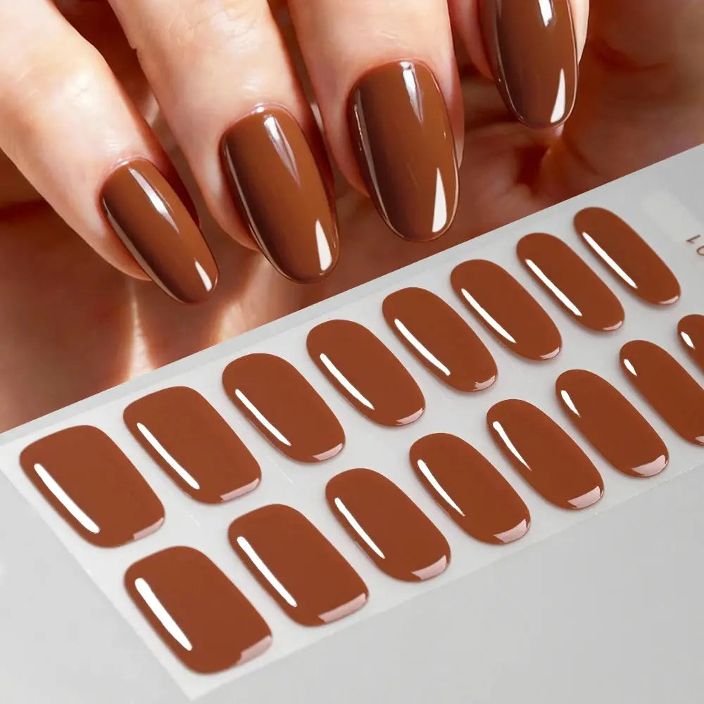 Simples Market 16Tips brown glossy nail sticker sheet with full-cover UV gel wraps