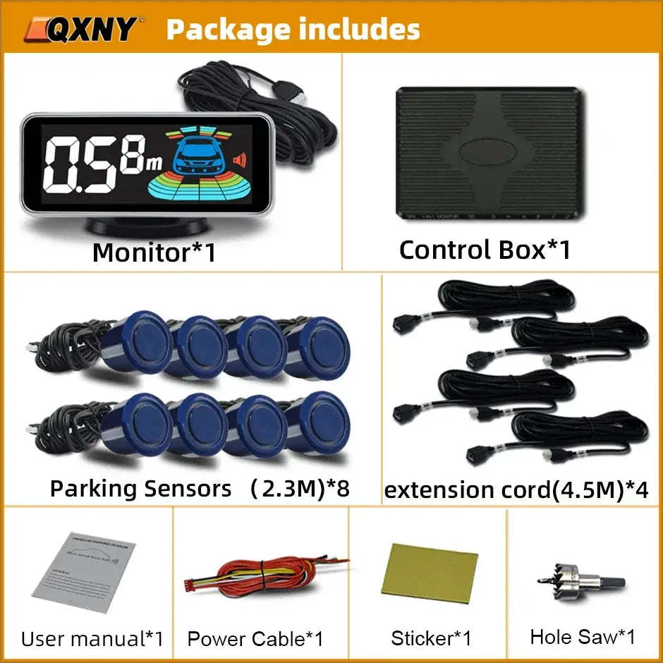 Parktronic 8-sensor parking aid kit by Simples Market with monitor, control box, blue sensors and extension cords