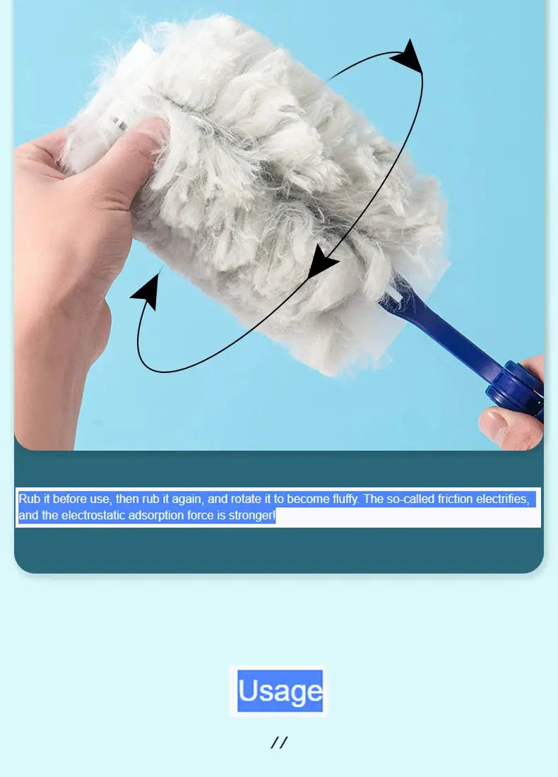 Extended pole dust collector with white fluffy microfiber cloth on a blue handle, Simples Market