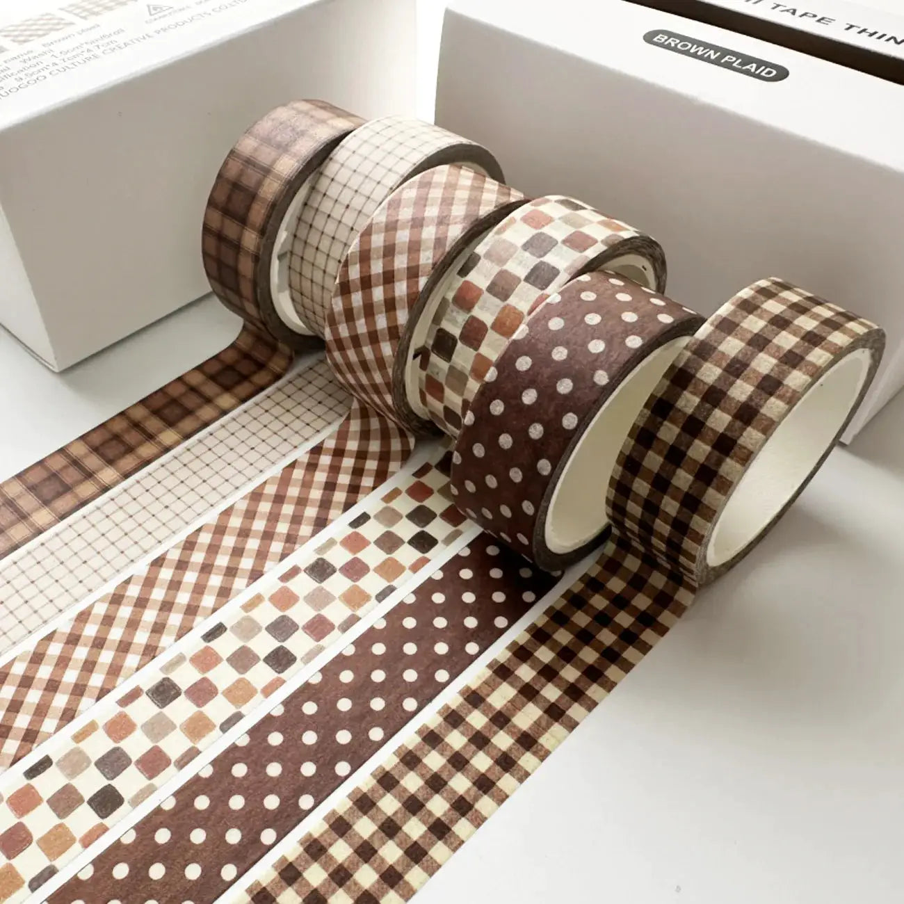 Washi tape set: 20 rolls in brown tones with plaid, gingham and dot patterns, Simples Market
