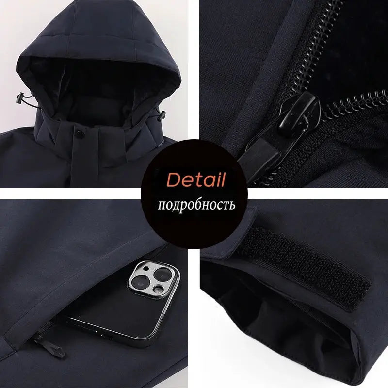 Winter men's navy waterproof hooded jacket by Simples Market with zip pockets