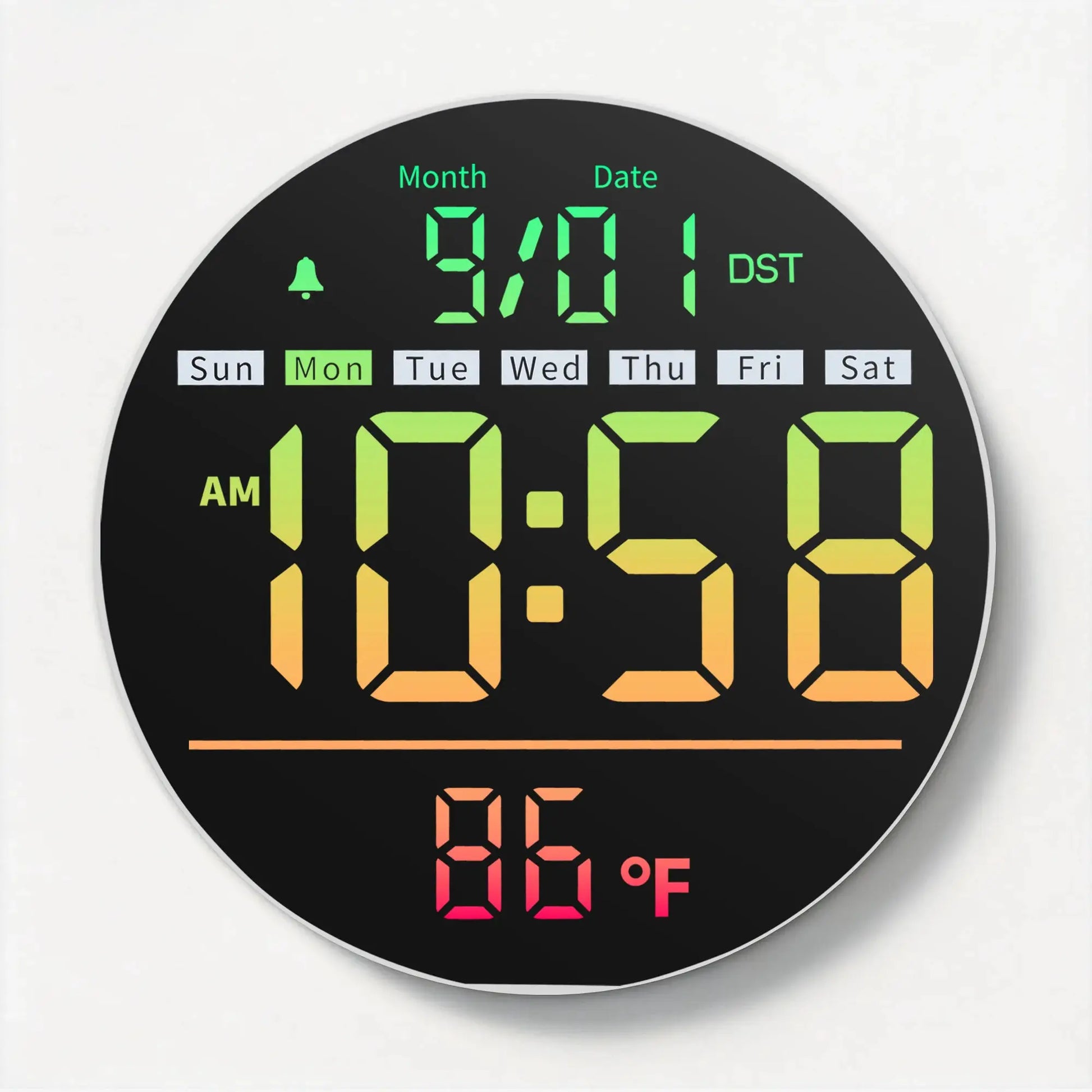 8-inch rainbow LED wall clock by Simples Market with timer, date, temperature, night light, alarm