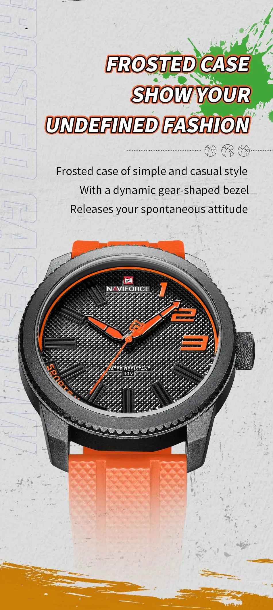 NAVIFORCE men's quartz watch with orange silicone strap, black textured dial, 30m water resistant