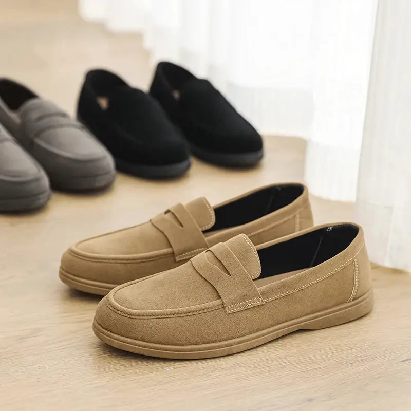 Three pairs of Simples Market men's slip-on loafers in tan, gray and black; lightweight casual walking shoes