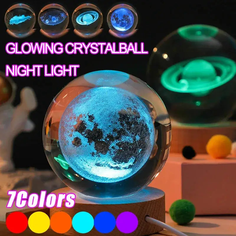 3D crystal ball night light with blue planet globe on a wood base; 7-color glow