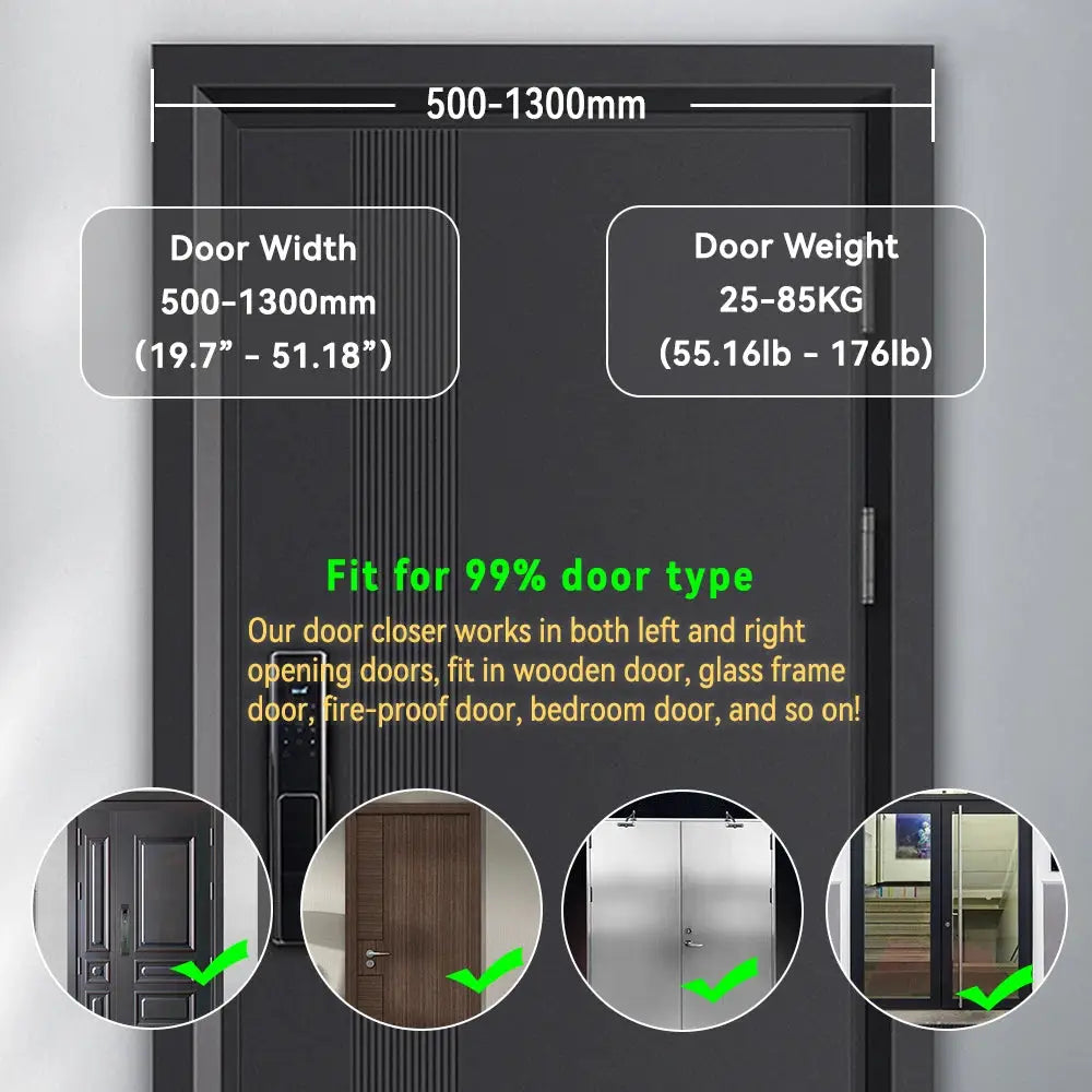 KAK hydraulic door closer with adjustable speed and soft closing; fits door width 500–1300 mm and weight 25–85 kg
