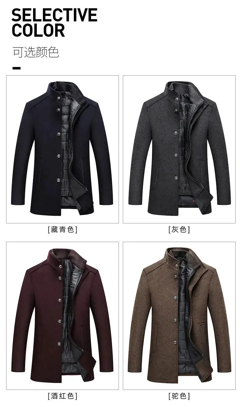 Men's wool trench coats in four colors (navy, gray, wine red, camel) by Simples Market