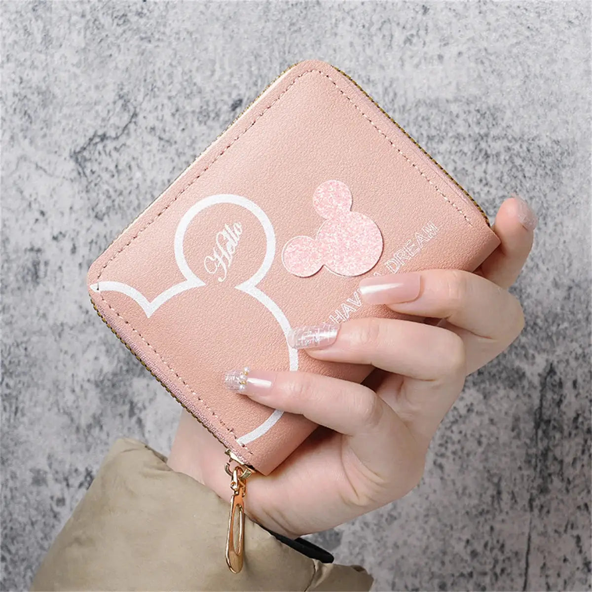Pink Simples Market wallet with large-capacity zipper and cute cartoon ears design