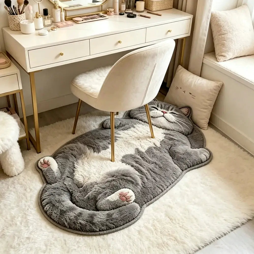 Cat-shaped plush area rug in gray with white belly and pink paw pads, ideal for living rooms and bedrooms.