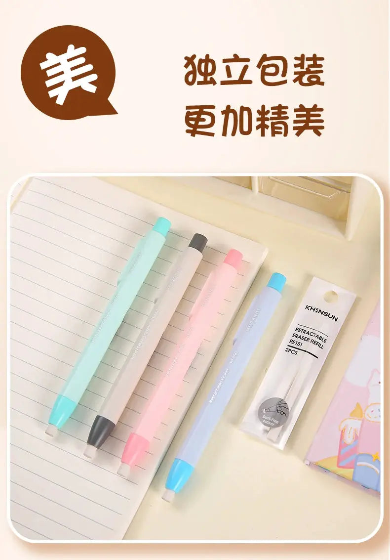 KHINSUN retractable eraser pencils in five pastel colors with refill pack beside a notebook.