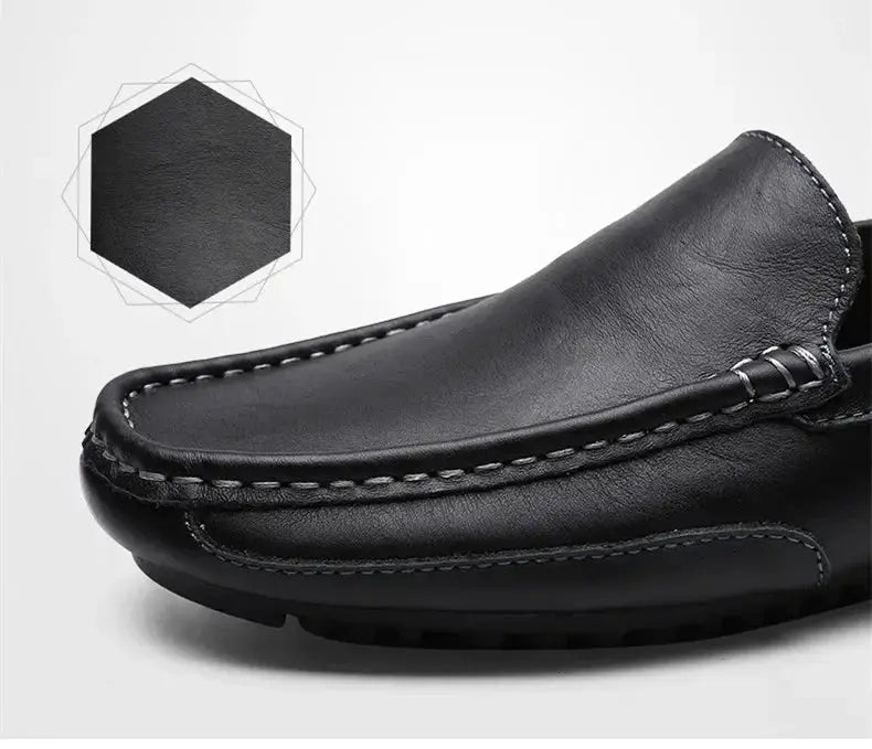 Simples Market men's black genuine leather moccasin loafers with visible stitching, slip-on casual driving shoes