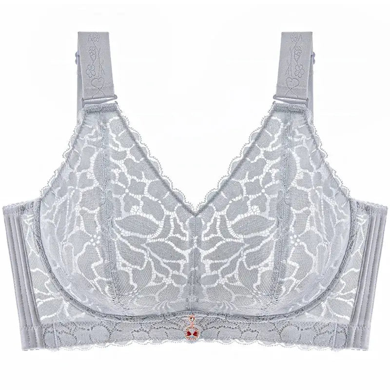 Lace full-cup bra by Simples Market, grey floral lace, adjustable straps, center charm