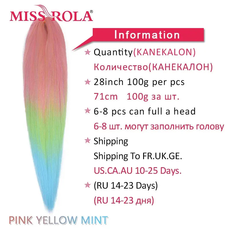 Miss Rola synthetic jumbo braiding hair in pink-yellow-mint-blue gradient, Kanekalon EZ Twist