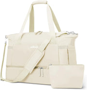 Gym bag for women by Simples Market, cream with shoe compartment and matching pouch